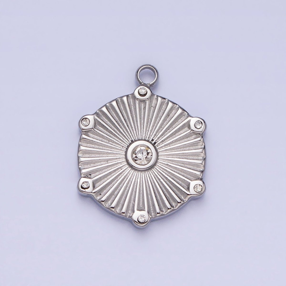 Stainless Steel Sunburst Round Clear CZ Hexagonal Geometric Charm in Gold & Silver | P-886 - DLUXCA