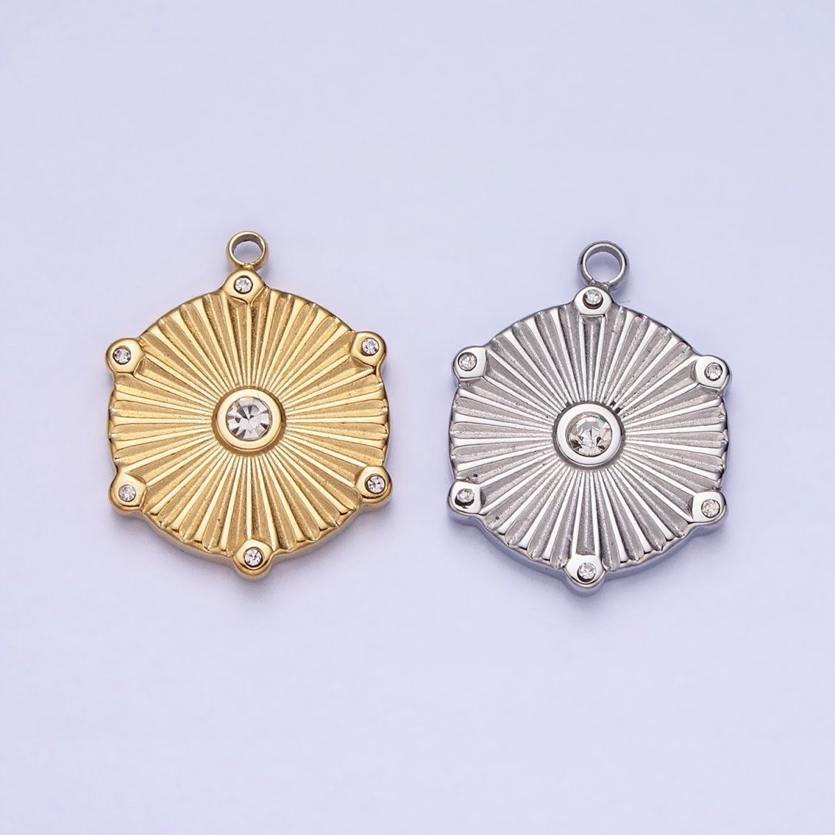 Stainless Steel Sunburst Round Clear CZ Hexagonal Geometric Charm in Gold & Silver | P-886 - DLUXCA