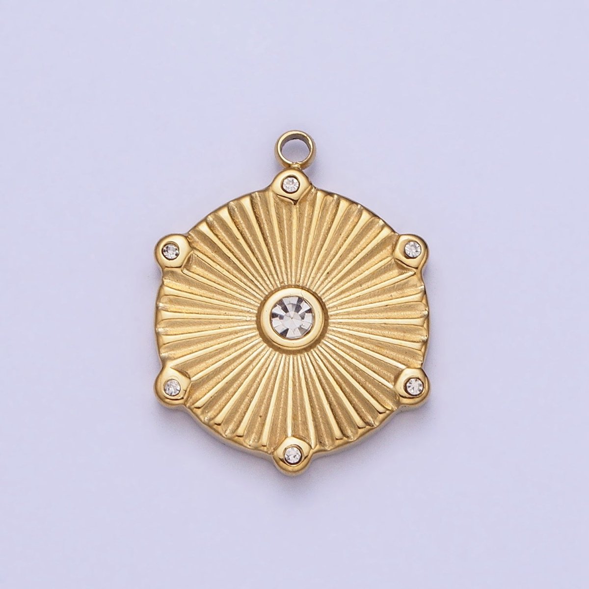 Stainless Steel Sunburst Round Clear CZ Hexagonal Geometric Charm in Gold & Silver | P-886 - DLUXCA