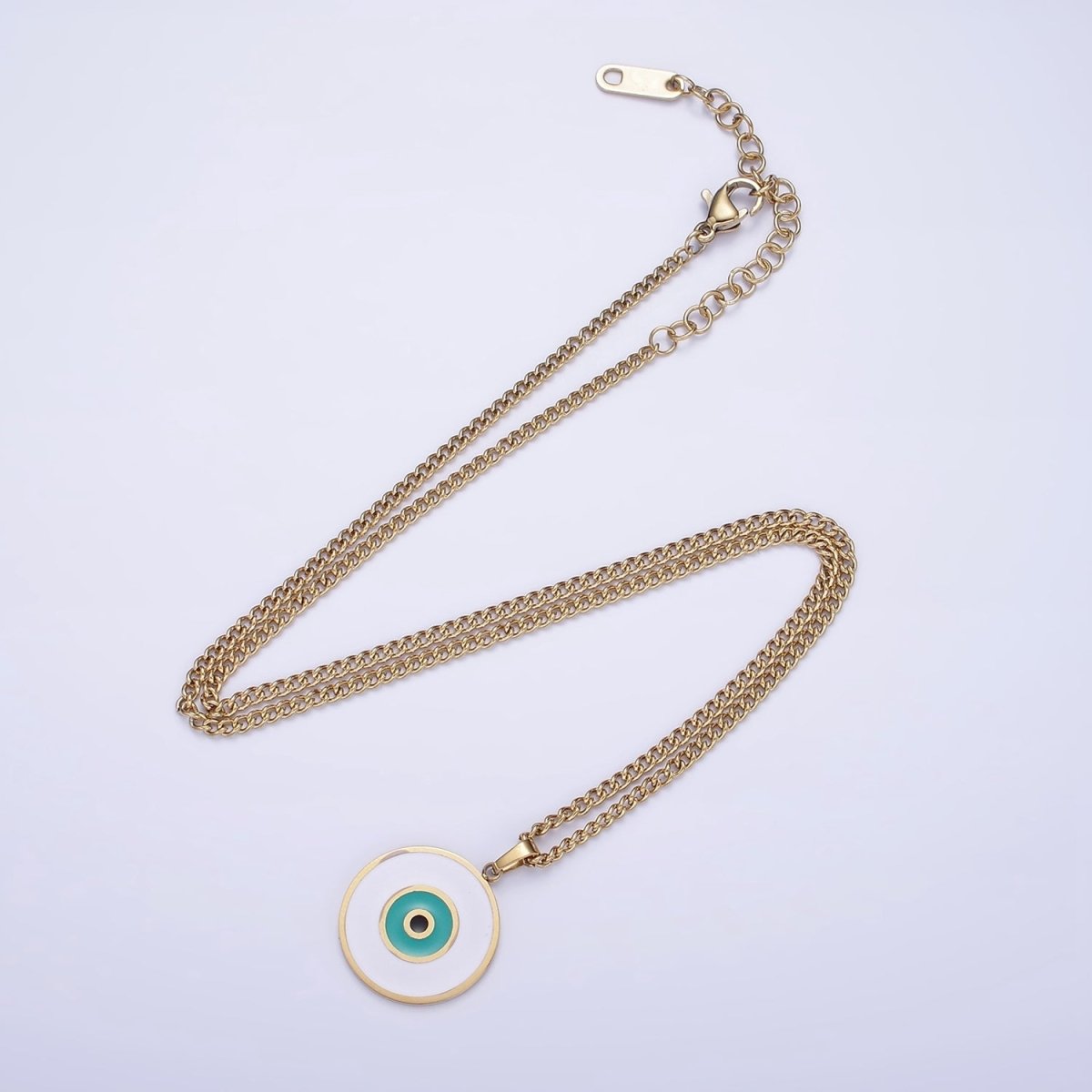 Stainless Steel Teal Evil Eye Enamel Round Charm 17 Inch Curb Chain Necklace | WA-2048 Clearance Pricing - DLUXCA