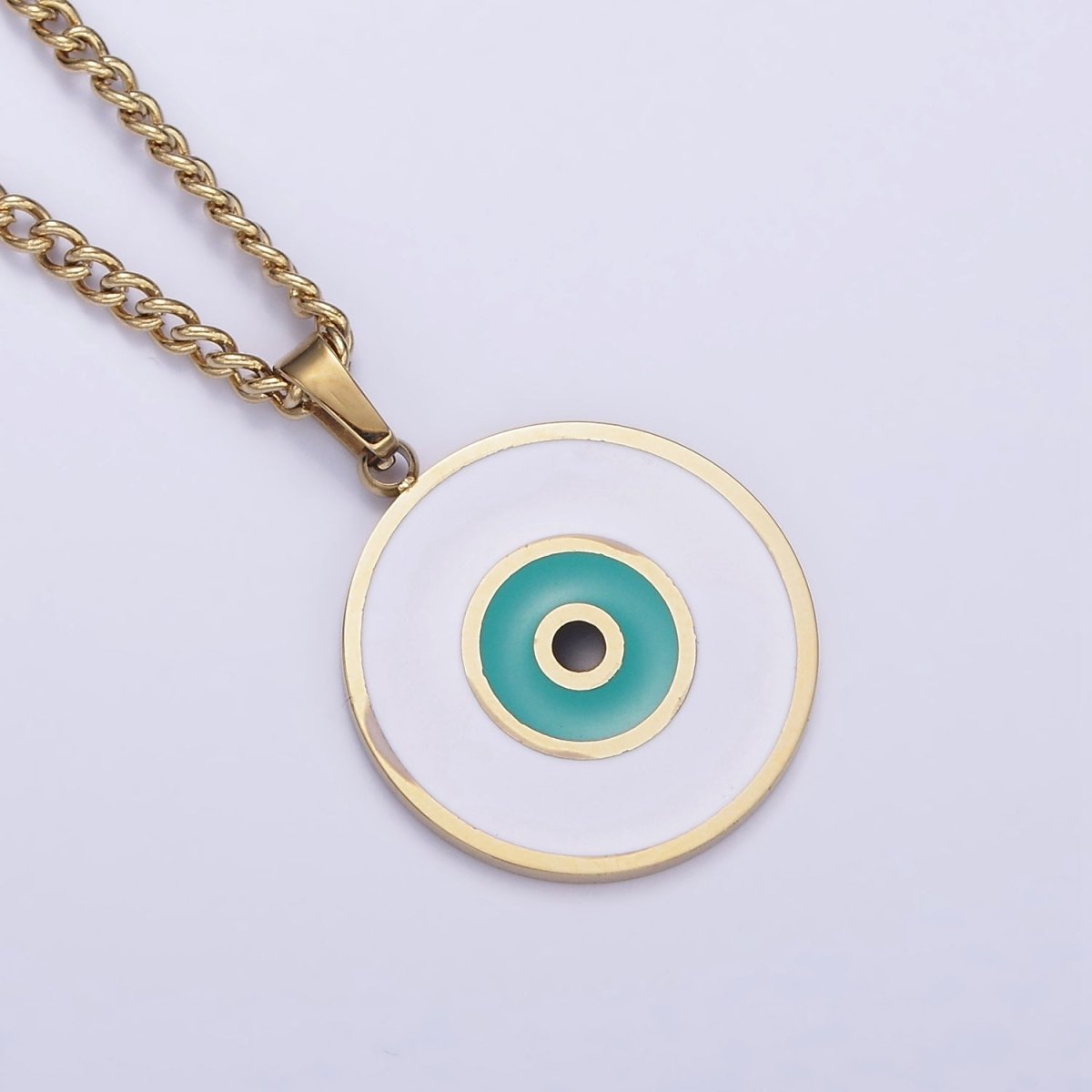 Stainless Steel Teal Evil Eye Enamel Round Charm 17 Inch Curb Chain Necklace | WA-2048 Clearance Pricing - DLUXCA