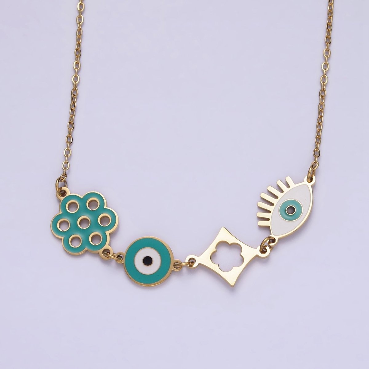 Stainless Steel Teal Evil Eye Open Flower 17 Inch Cable Chain Necklace | WA-2062 Clearance Pricing - DLUXCA