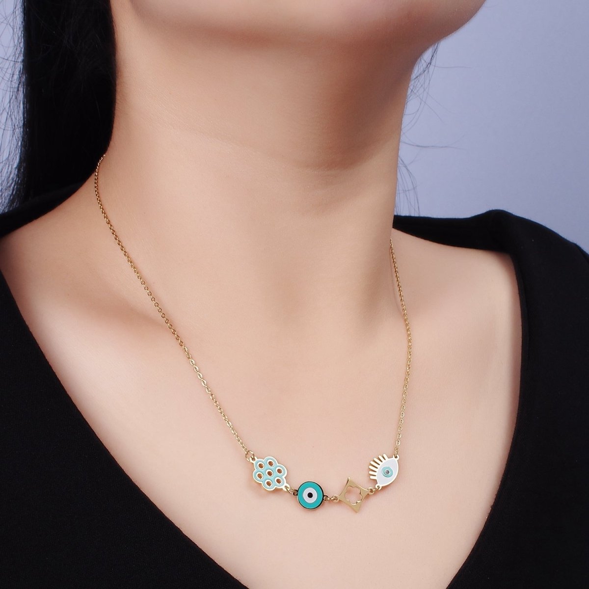 Stainless Steel Teal Evil Eye Open Flower 17 Inch Cable Chain Necklace | WA-2062 Clearance Pricing - DLUXCA