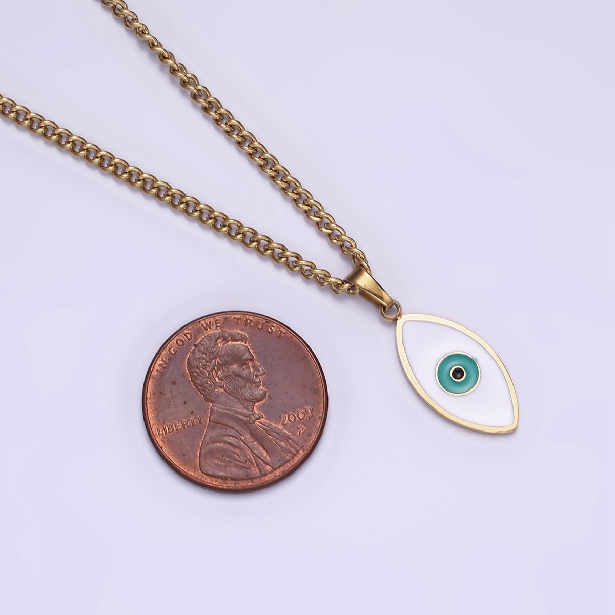 Stainless Steel Teal Evil Eyed Enamel Pendant 17 Inch Curb Chain Necklace | WA-2056 Clearance Pricing - DLUXCA