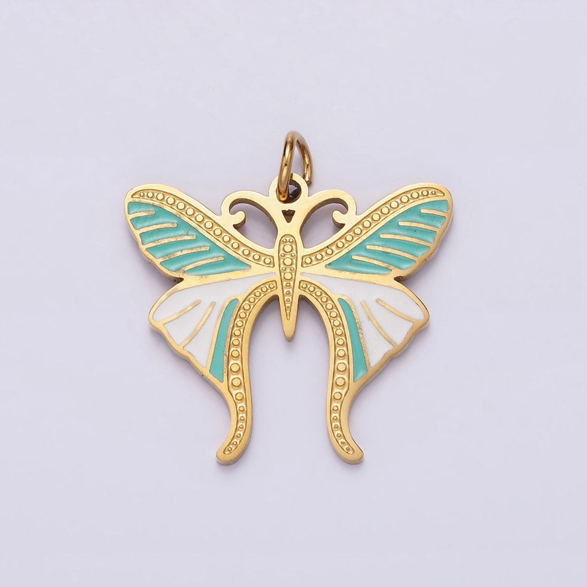 Stainless Steel Teal White Enamel Dotted Engraved Butterfly Wings Charm in Gold & Silver | P-636 P-637 - DLUXCA