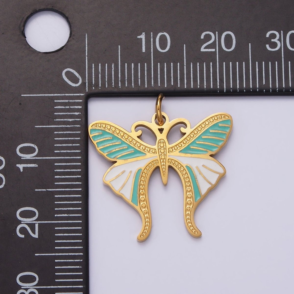 Stainless Steel Teal White Enamel Dotted Engraved Butterfly Wings Charm in Gold & Silver | P-636 P-637 - DLUXCA