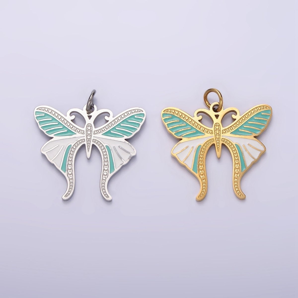 Stainless Steel Teal White Enamel Dotted Engraved Butterfly Wings Charm in Gold & Silver | P-636 P-637 - DLUXCA