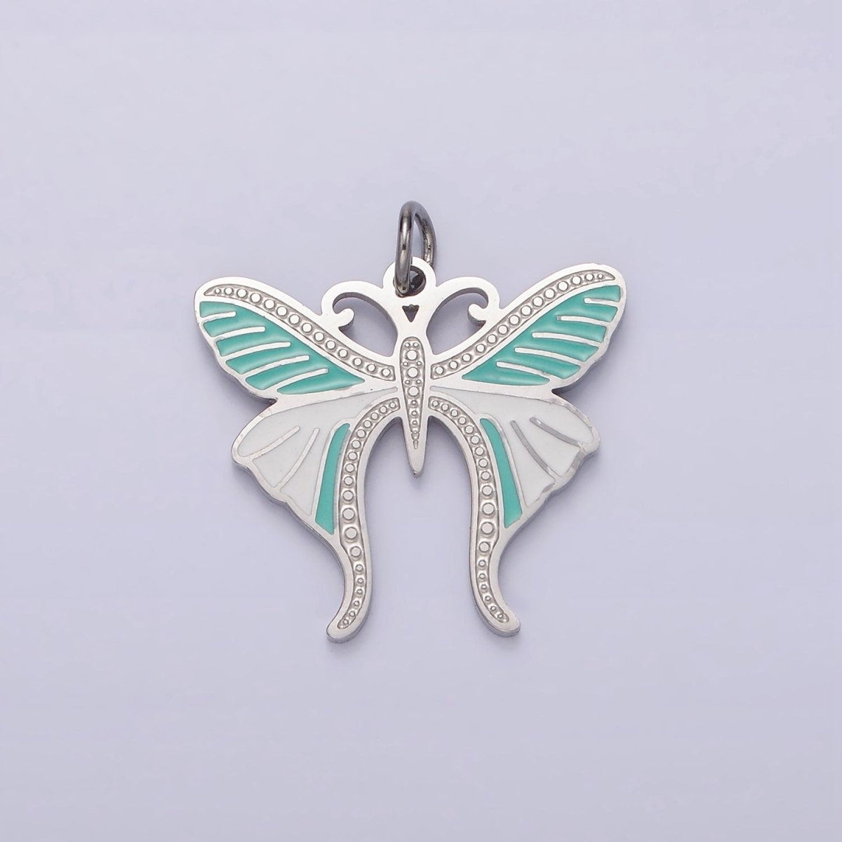 Stainless Steel Teal White Enamel Dotted Engraved Butterfly Wings Charm in Gold & Silver | P-636 P-637 - DLUXCA