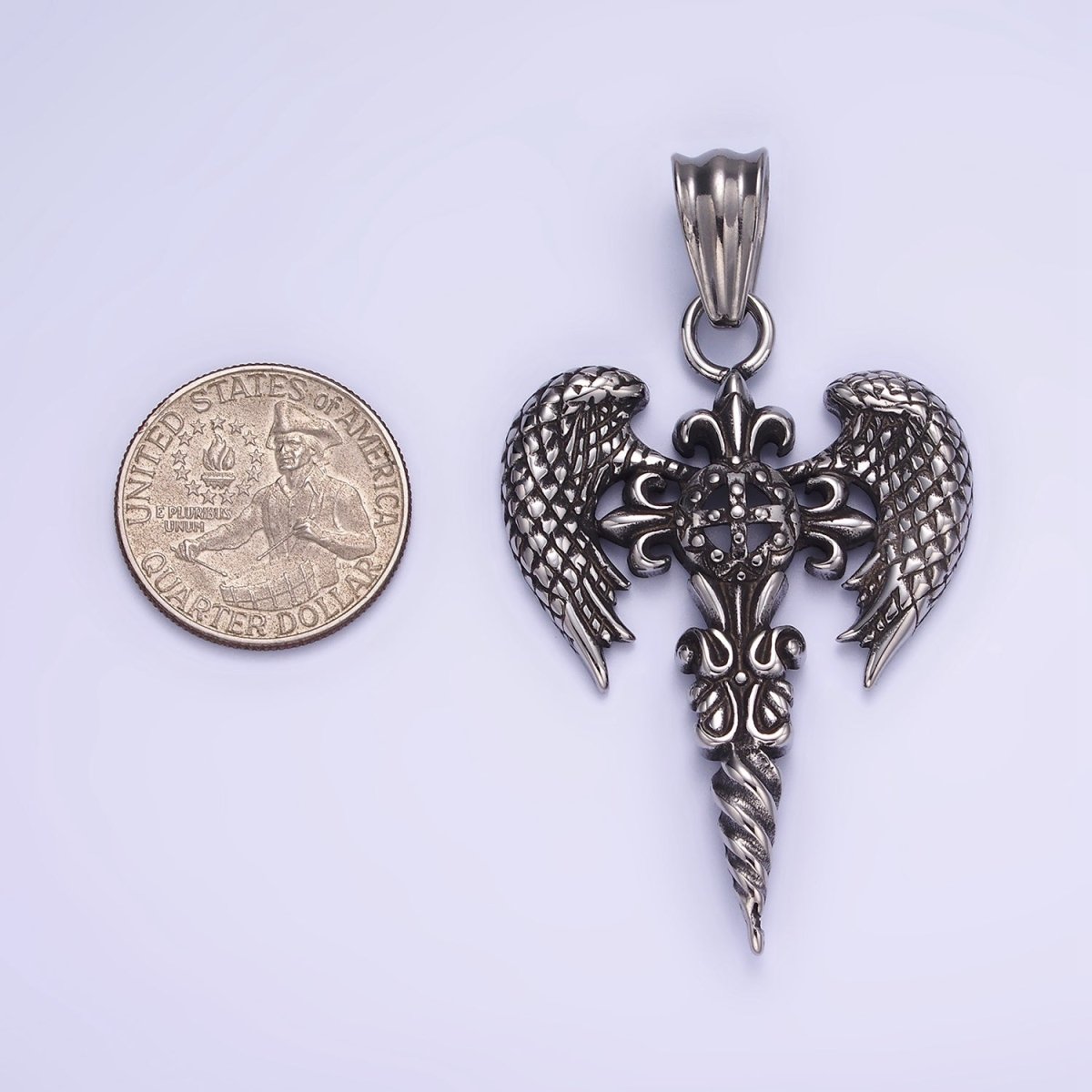 Stainless Steel Textured Fleur Cross Wings Drill Religious Oxidized Silver Pendant | P1412 - DLUXCA