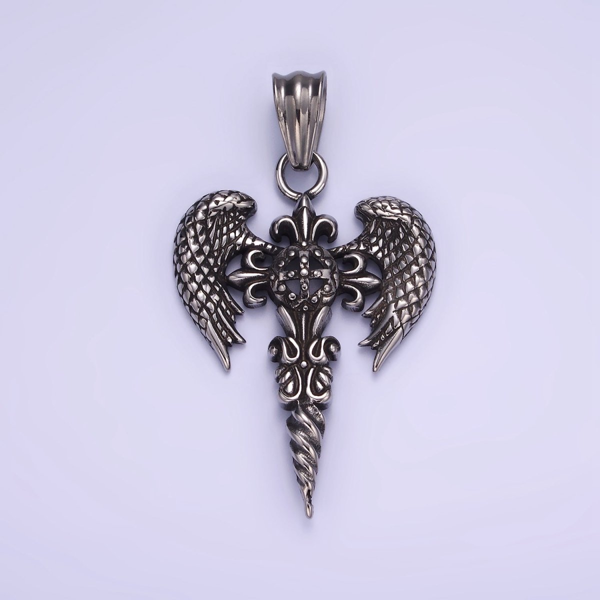 Stainless Steel Textured Fleur Cross Wings Drill Religious Oxidized Silver Pendant | P1412 - DLUXCA