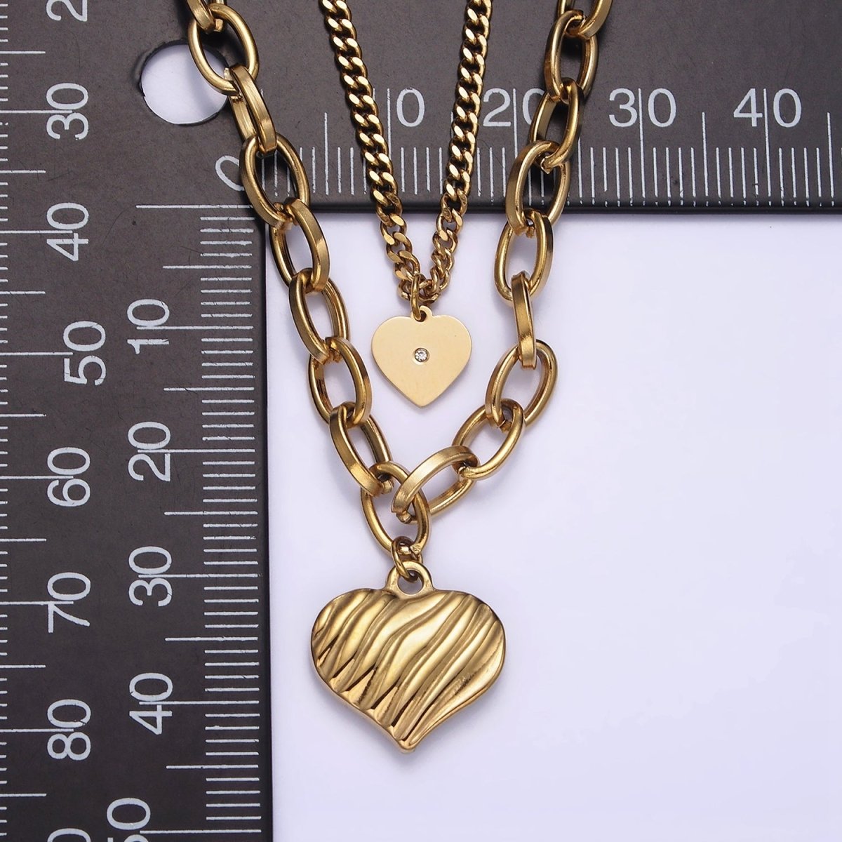 Stainless Steel Textured Heart CZ Cable Curb Double Layer Stack Necklace | WA-2033 Clearance Pricing - DLUXCA