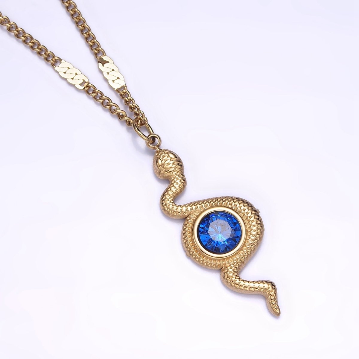 Stainless Steel Textured Snake Blue CZ Charm 17 Inch Unique Curb Chain Necklace | WA-2068 Clearance Pricing - DLUXCA