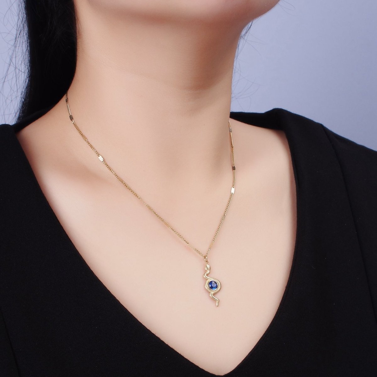 Stainless Steel Textured Snake Blue CZ Charm 17 Inch Unique Curb Chain Necklace | WA-2068 Clearance Pricing - DLUXCA