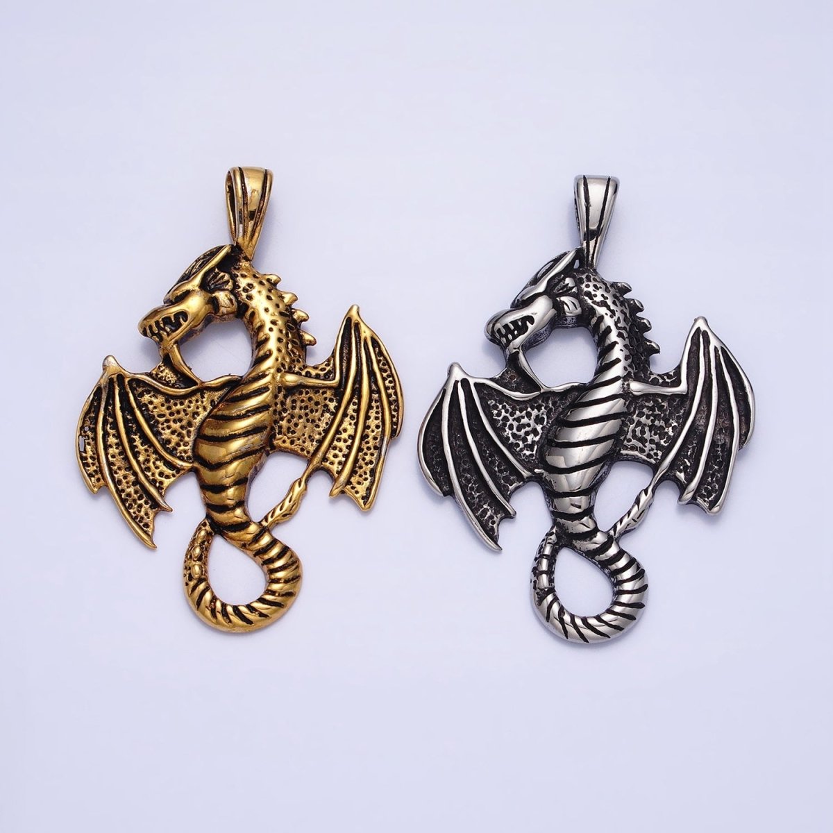 Stainless Steel Textured Winged Dragon Pendant in Gold & Silver P-1148 - DLUXCA
