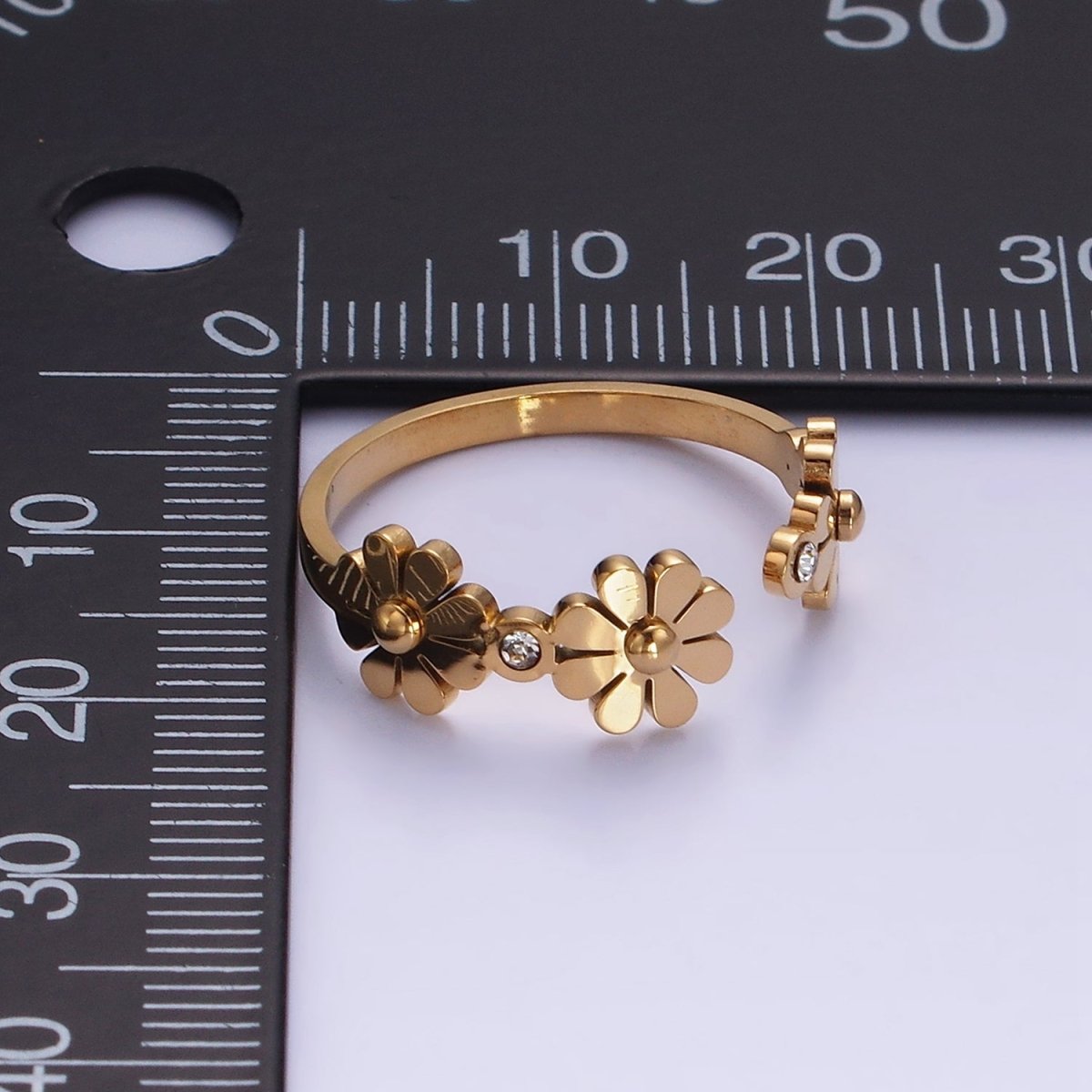 Stainless Steel Triple Flower Nature CZ Round Bezel Wrap Ring | O1290 - DLUXCA