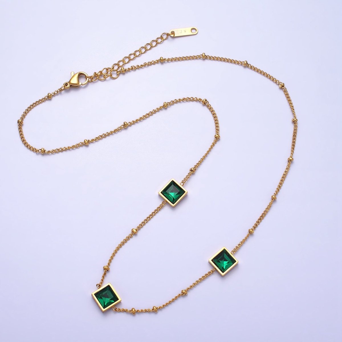 Stainless Steel Triple Green Square CZ Curb Satellite Bead Chain 15 Inch Choker Necklace | WA-1627 Clearance Pricing - DLUXCA