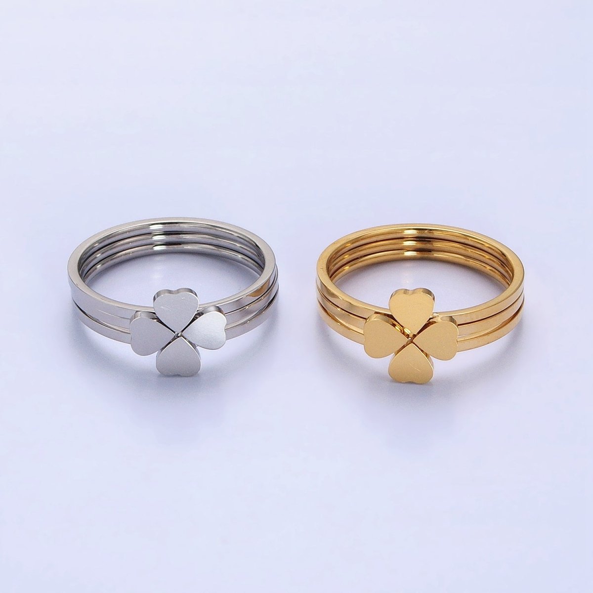 Stainless Steel Triple Heart Clover Quatrefoil Band Ring Set in Gold & Silver | O-1689~O-1696 - DLUXCA