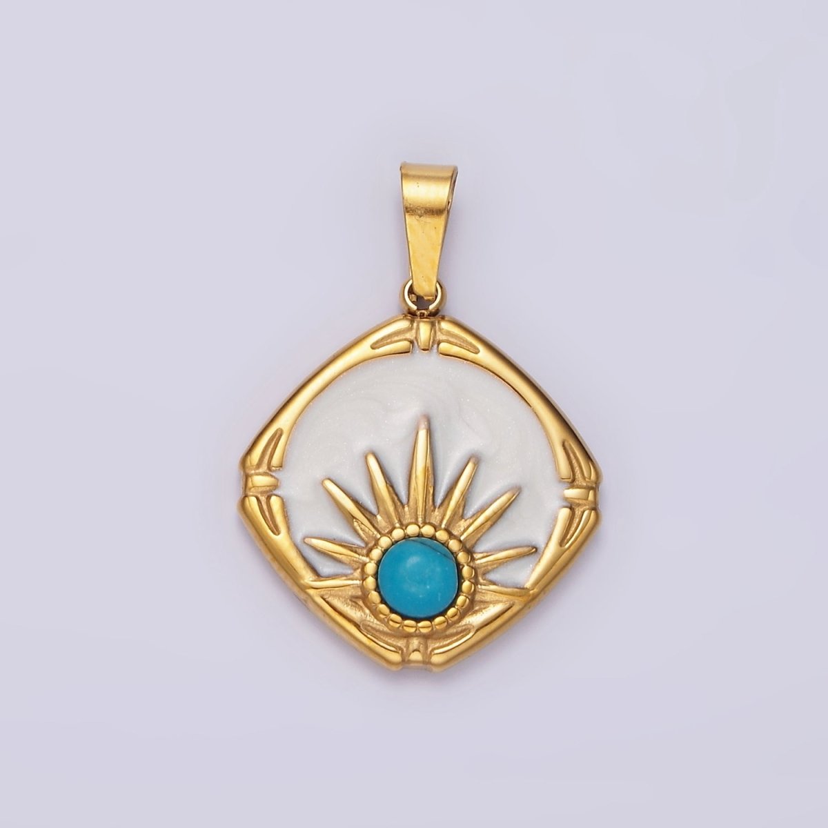 Stainless Steel Turquoise Celestial Sun White Enamel Round Rhombus Pendant | P-830 - DLUXCA