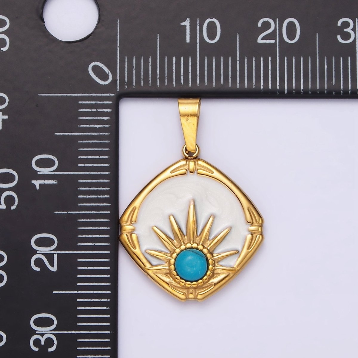 Stainless Steel Turquoise Celestial Sun White Enamel Round Rhombus Pendant | P-830 - DLUXCA