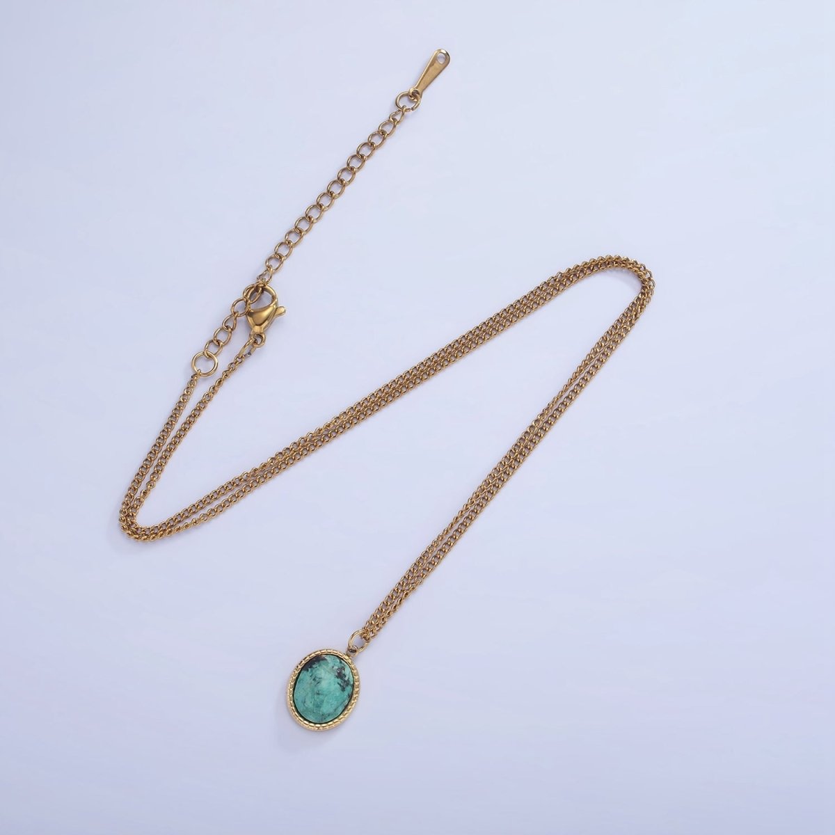 Stainless Steel Turquoise Oval Bezel Curb Chain 16 Inch Necklace w. Extender | WA-2471 - DLUXCA