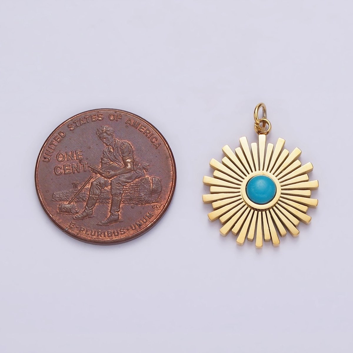 Stainless Steel Turquoise Round Sunburst Bar Celestial Sun Round Charm | P-650 - DLUXCA