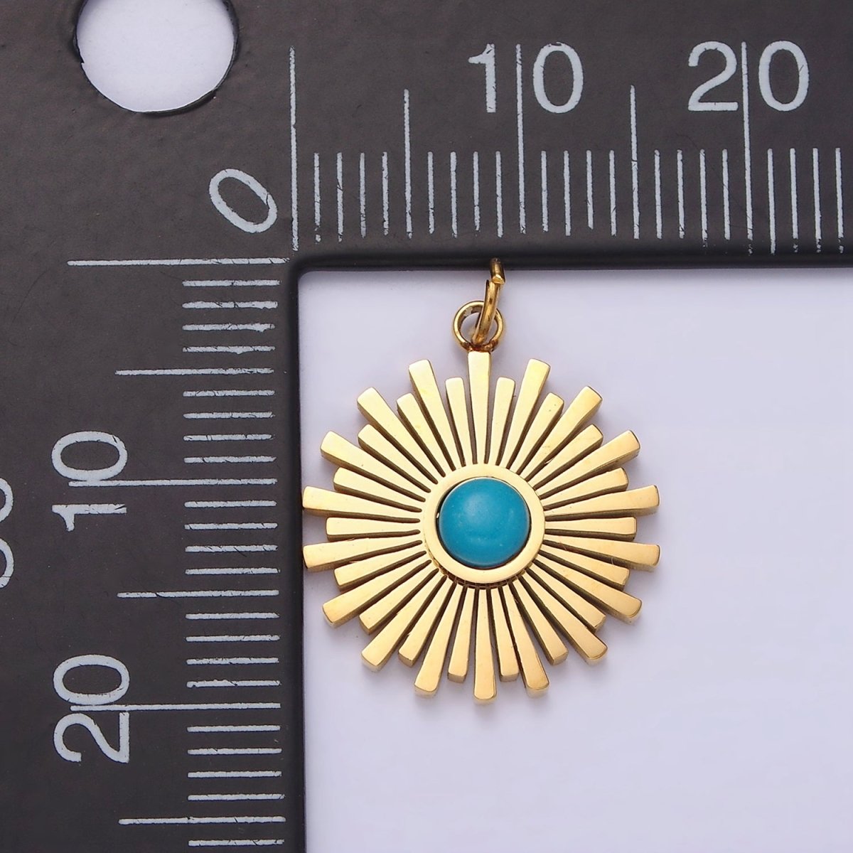 Stainless Steel Turquoise Round Sunburst Bar Celestial Sun Round Charm | P-650 - DLUXCA