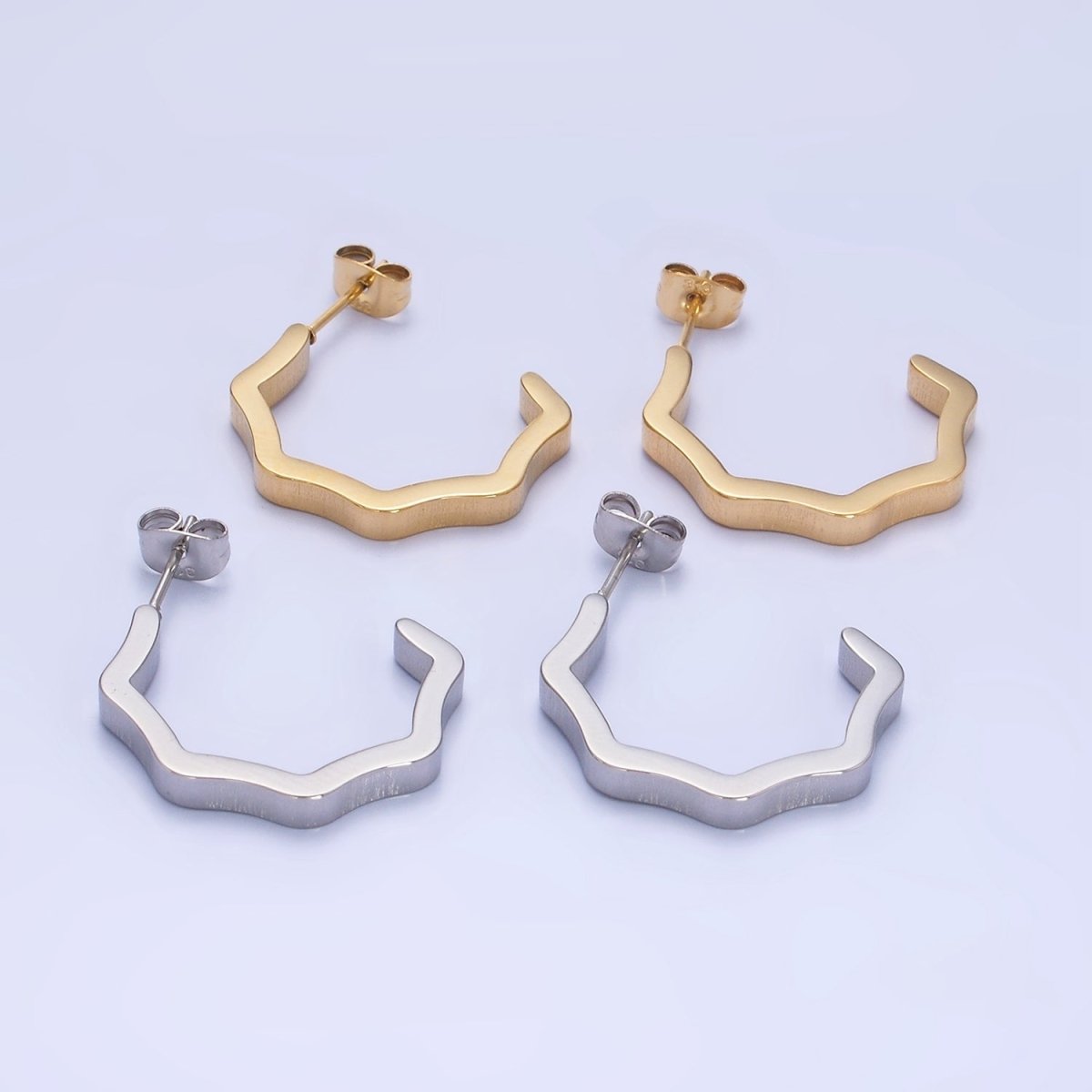 Stainless Steel Wavy Geometric C-Shaped Hoop Earrings in Gold & Silver | AB1376 AB1377 - DLUXCA