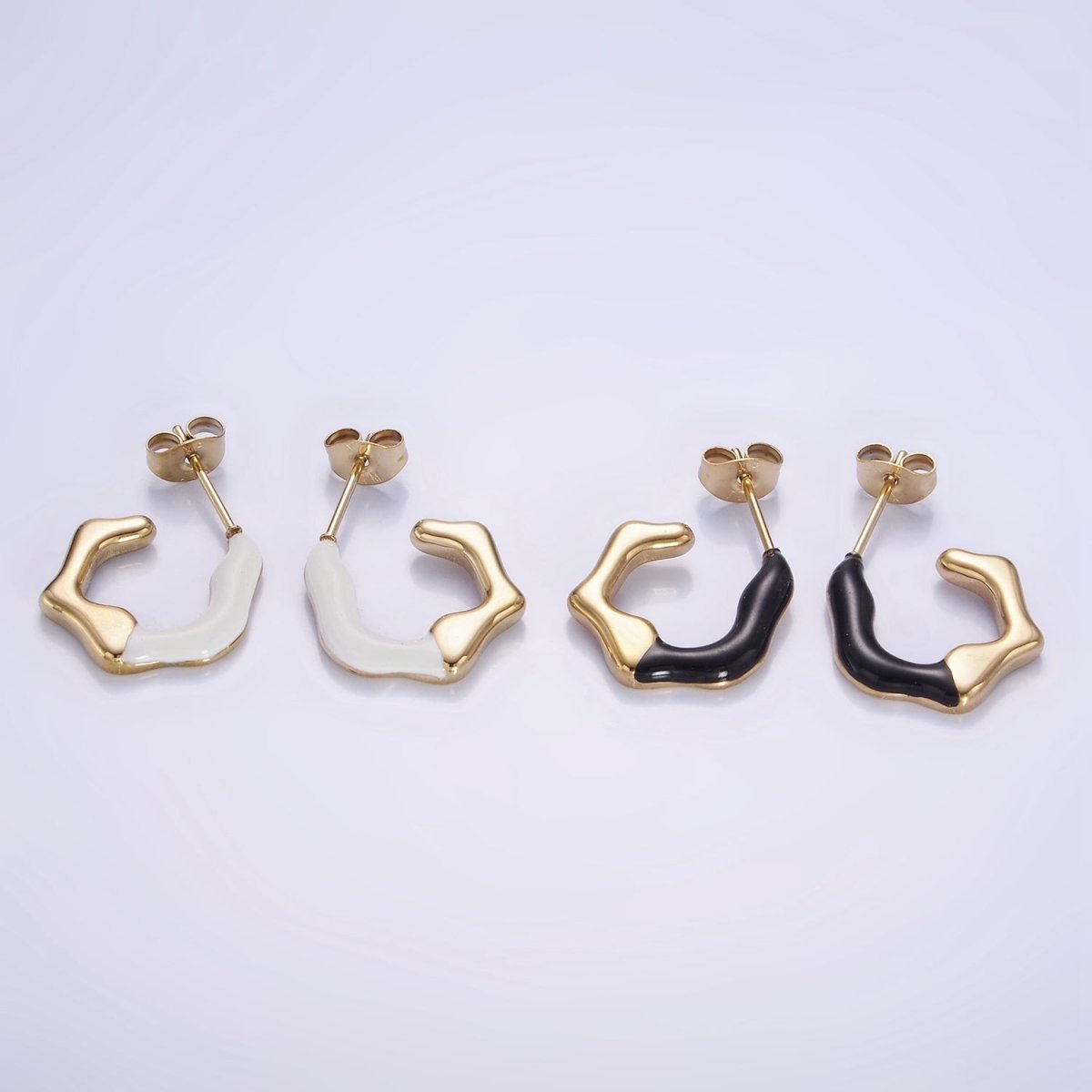 Stainless Steel White, Black Enamel Abstract C-Shaped Hoop Earrings | AB1147 AB1148 - DLUXCA