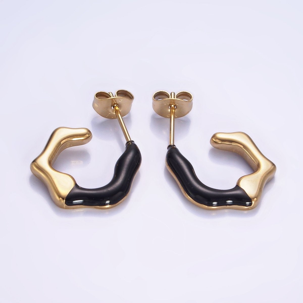 Stainless Steel White, Black Enamel Abstract C-Shaped Hoop Earrings | AB1147 AB1148 - DLUXCA