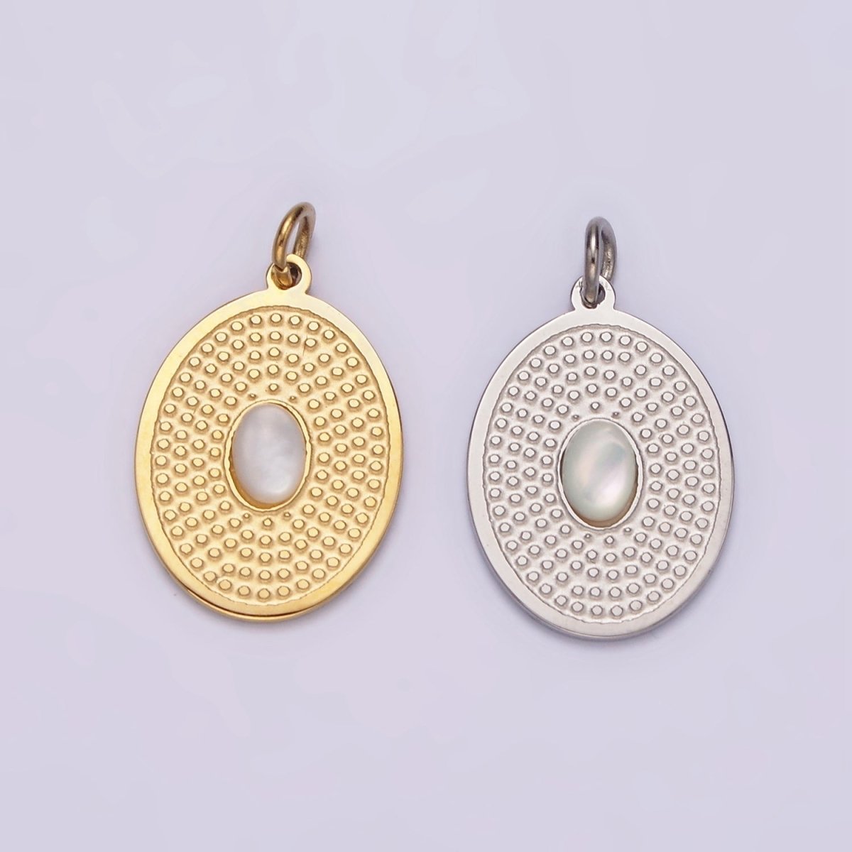 Stainless Steel White Chrysoberyl Cat's Eye Dotted Oval Charm in Gold & Silver | P1326 P1327 - DLUXCA