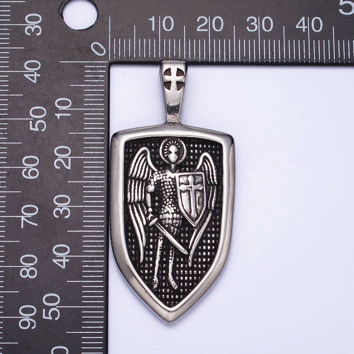 Stainless Steel Winged Angel Soldier Religious Cross Shield Crest Double Sided Pendant in Silver & Gold | P-1135 - DLUXCA