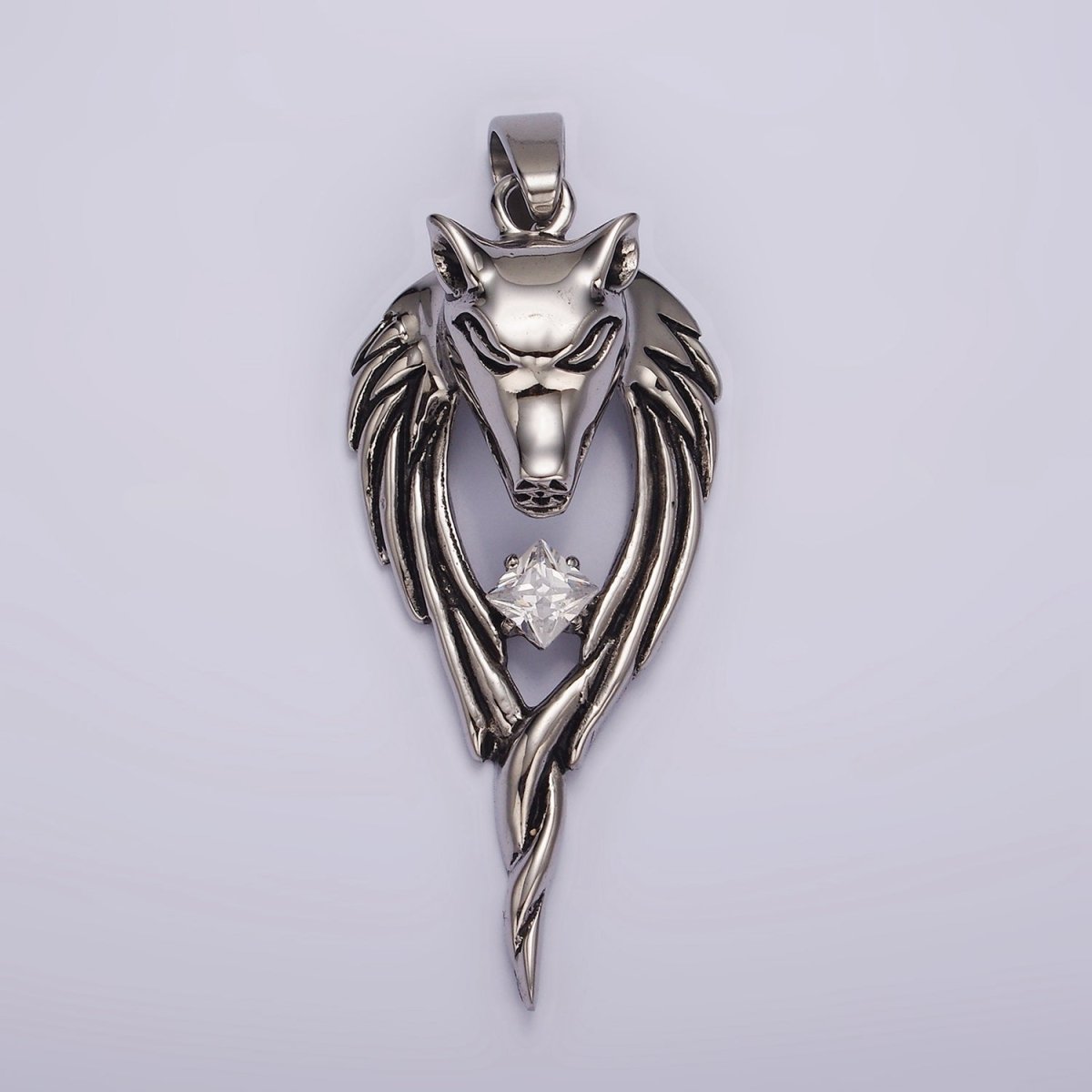 Stainless Steel Wolf Head Wings Open Clear CZ Rhombus Pendant | P873 - DLUXCA