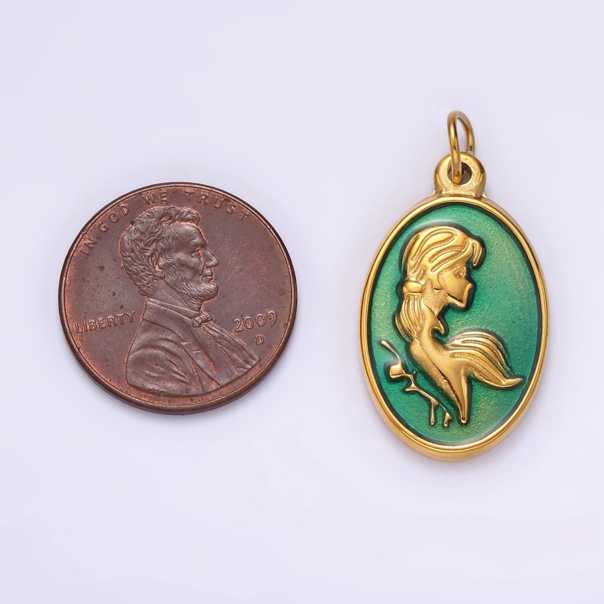 Stainless Steel Women Girl Portrait Cameo Teal Oval Charm in Gold & Silver | P1269 P1270 - DLUXCA