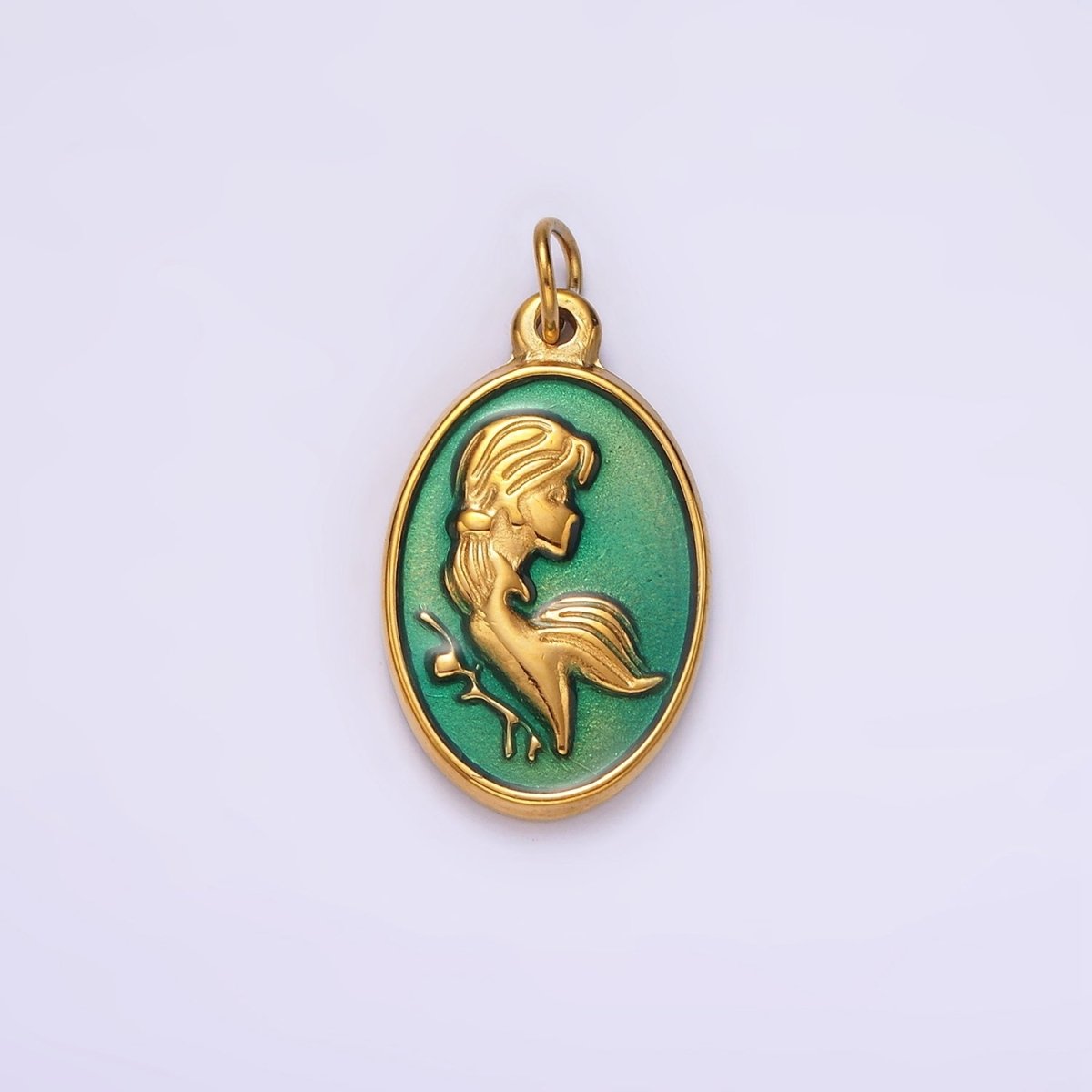 Stainless Steel Women Girl Portrait Cameo Teal Oval Charm in Gold & Silver | P1269 P1270 - DLUXCA