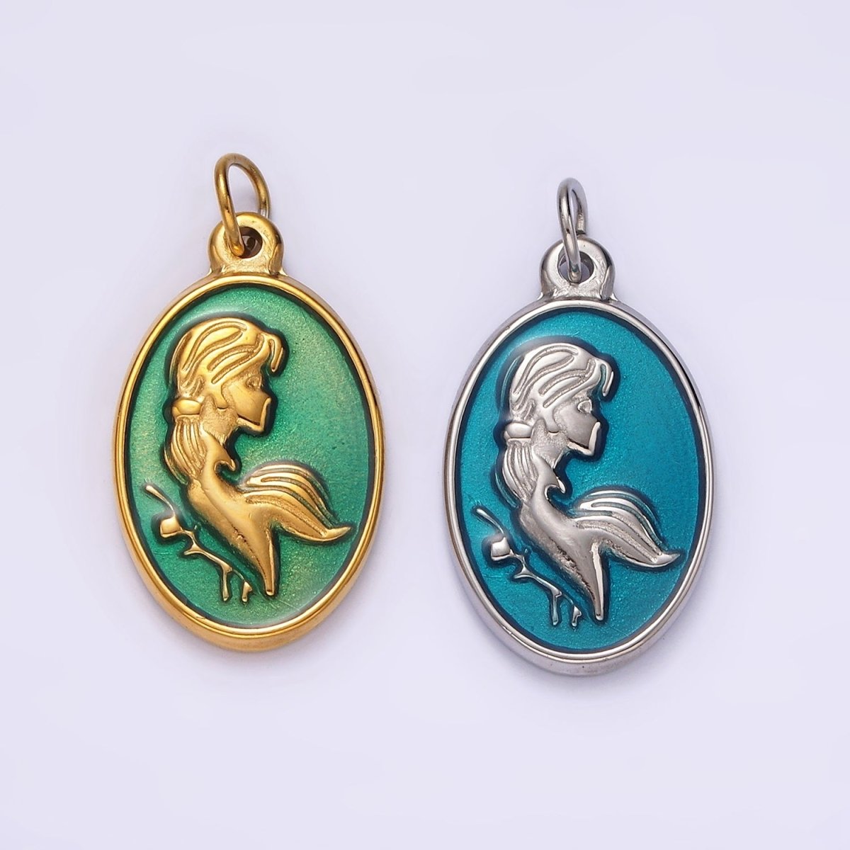 Stainless Steel Women Girl Portrait Cameo Teal Oval Charm in Gold & Silver | P1269 P1270 - DLUXCA