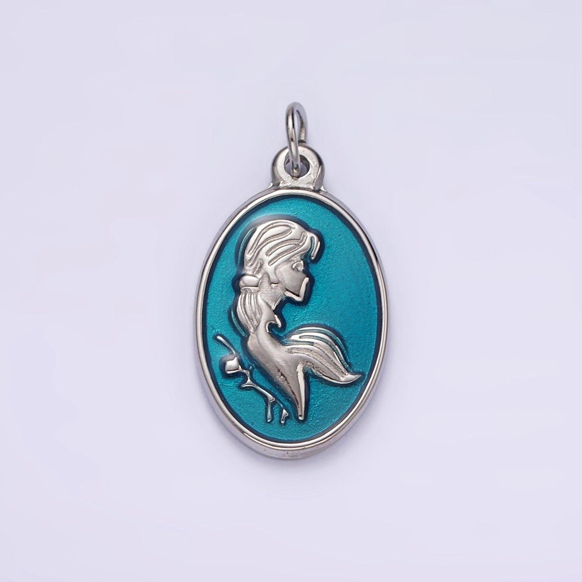 Stainless Steel Women Girl Portrait Cameo Teal Oval Charm in Gold & Silver | P1269 P1270 - DLUXCA