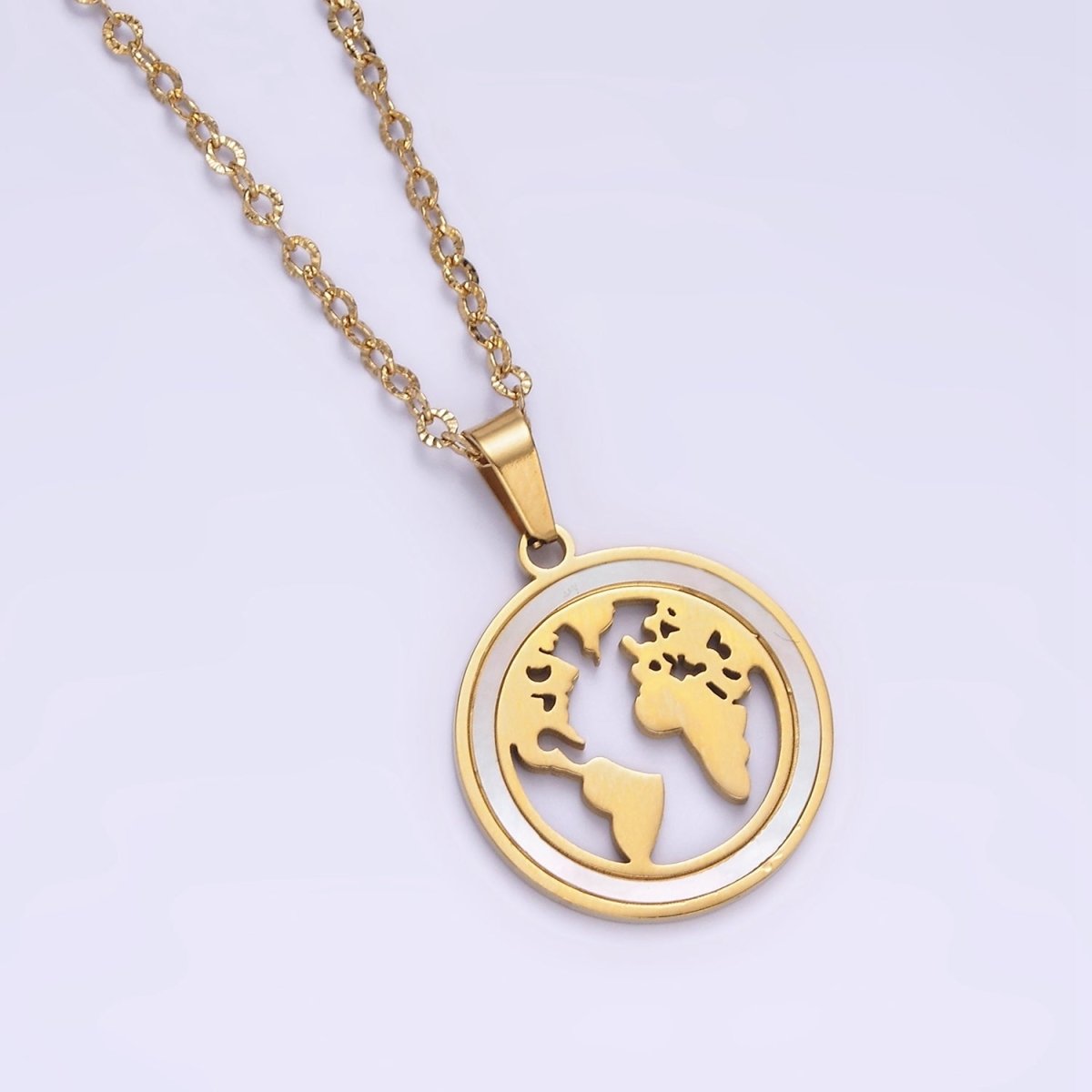 Stainless Steel World Map Shell Pearl Lined Open Round Medallion Pendant Sunburst Cable 17 Inch Chain Necklace | WA-2067 Clearance Pricing - DLUXCA