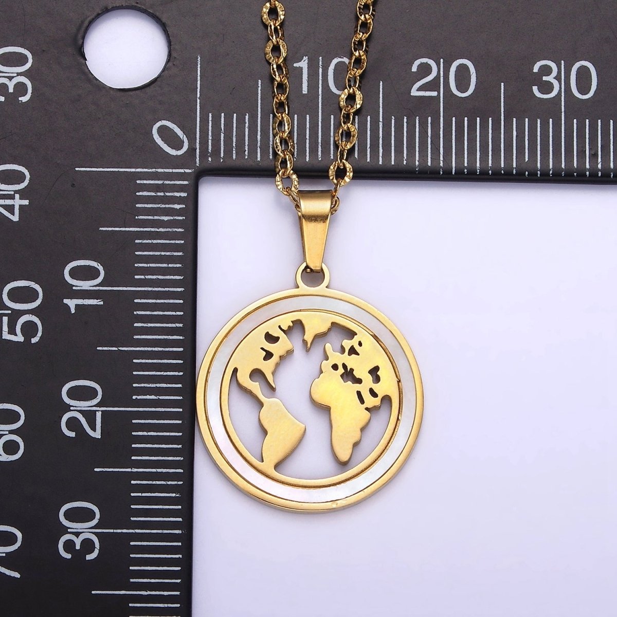 Stainless Steel World Map Shell Pearl Lined Open Round Medallion Pendant Sunburst Cable 17 Inch Chain Necklace | WA-2067 Clearance Pricing - DLUXCA