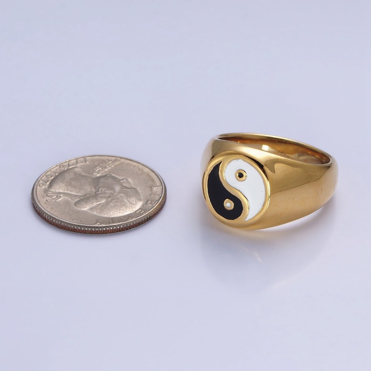 Stainless Steel Yin Yang Enamel Round Signet Ring in Gold & Silver | O-1950 O-1951 O-1952 O-1953 - DLUXCA