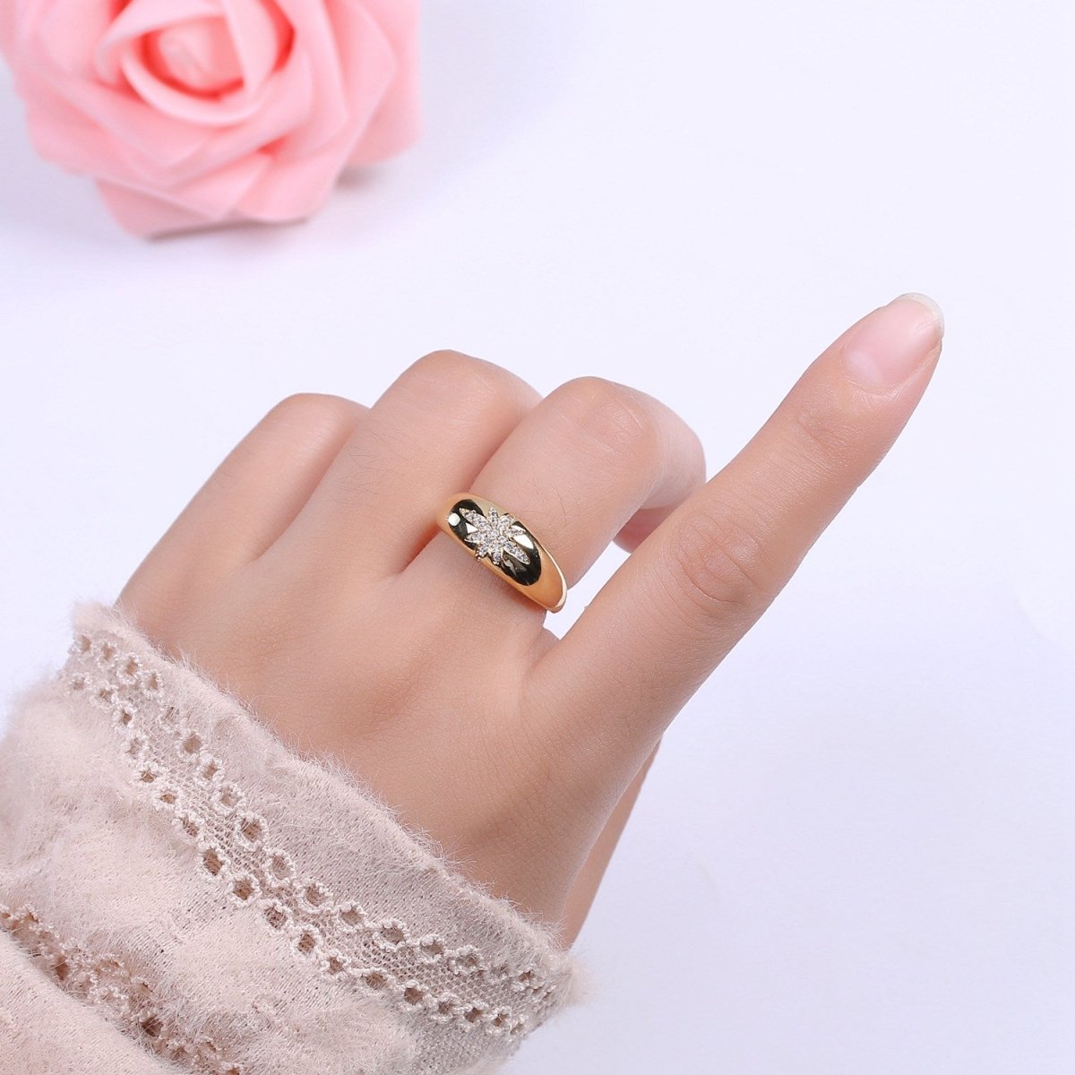 Star Dome Ring, Adjustable Gold Ring, Chunky Ring, Stackable Ring for Statement Jewelry Birthday Gift Idea for Her woman ring S-169 - DLUXCA