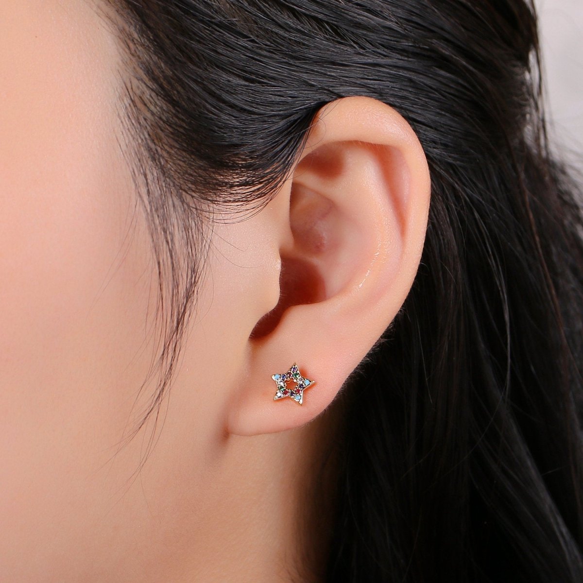 Star eStud Earring | Gold Star Earring | Five Star Stud Earring With Cubic Zirconia Celestial Jewelry Minimalist jewelry Q-253 - DLUXCA