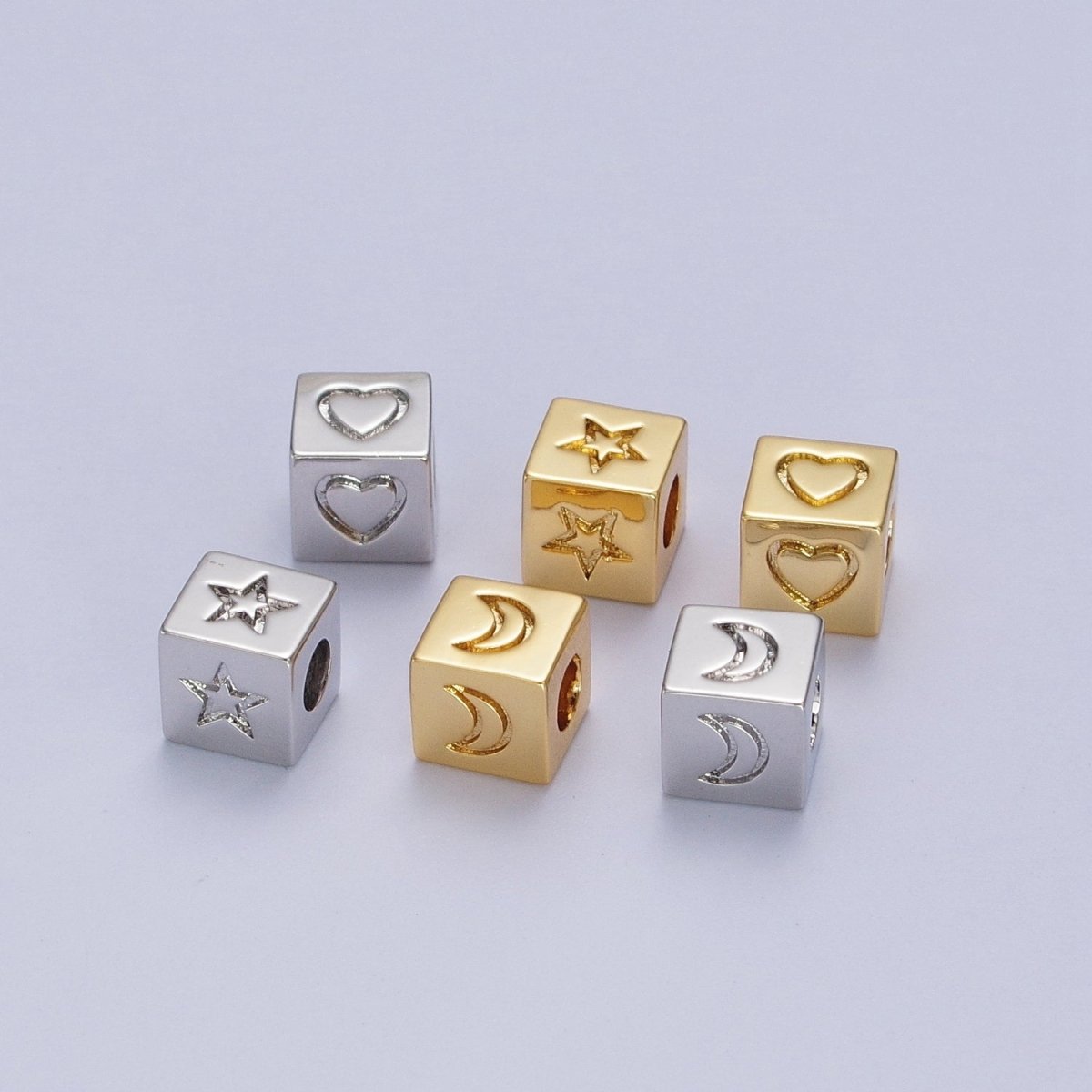 Star, Heart, Moon Engraved 6mm Cube Block Bead in Gold & Silver | B-676 B-682 B-688 B-780 B-859 B-860 - DLUXCA