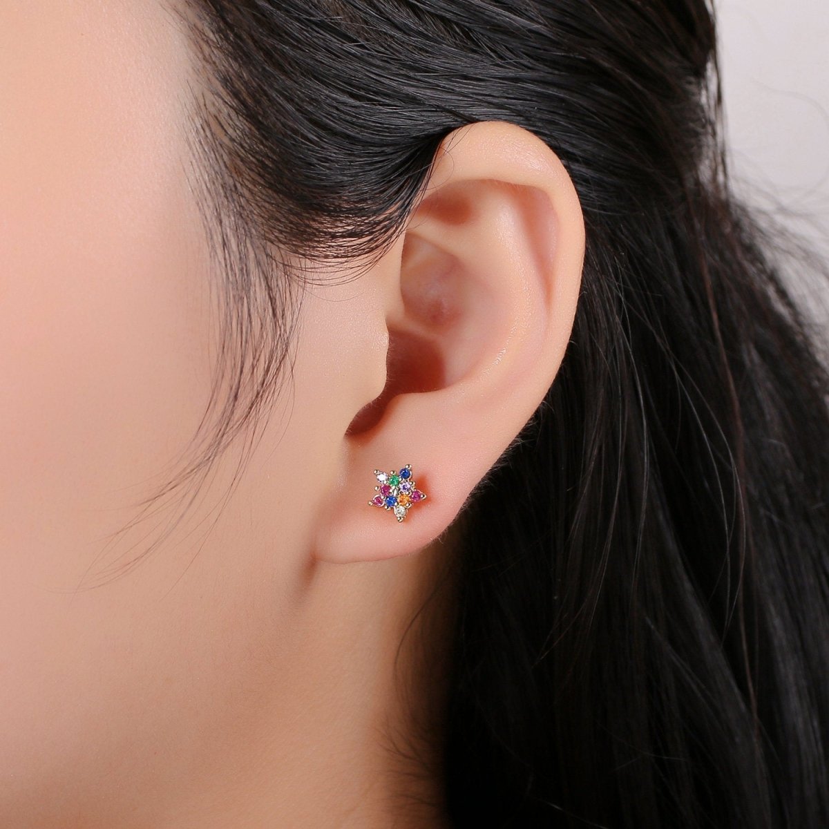 Star stud earrings Gold Multi Color Cz earrings, dainty Earring studs, tiny studs gold, tiny earrings, Multi Color studs Q-255 - DLUXCA