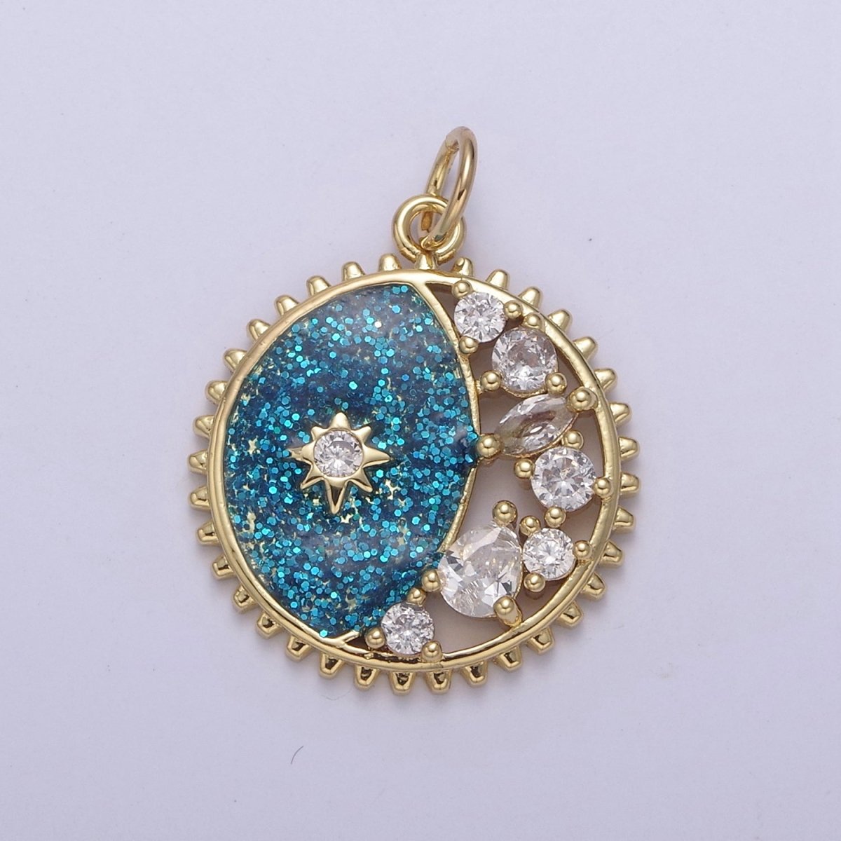 Starburst Star Glitter Sparkle Coin Charm, 17mm coin Gold Filled CZ Coin, Celestial CZ Drop Pendant N-726 - N-728 - DLUXCA