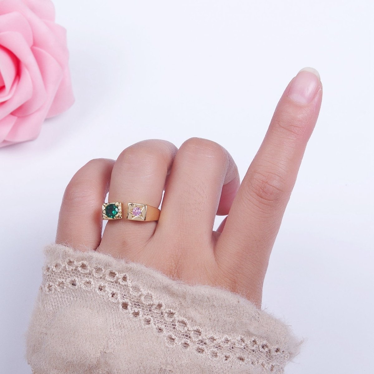 Starry Pink & Green Open Adjustable Gold Ring with Round Stone Cubic Zirconia | X-617 - DLUXCA