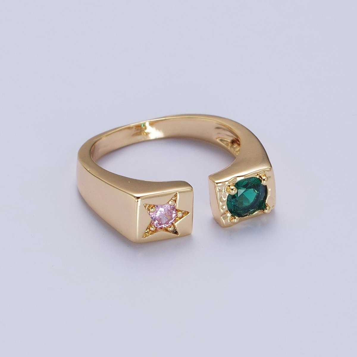 Starry Pink & Green Open Adjustable Gold Ring with Round Stone Cubic Zirconia | X-617 - DLUXCA