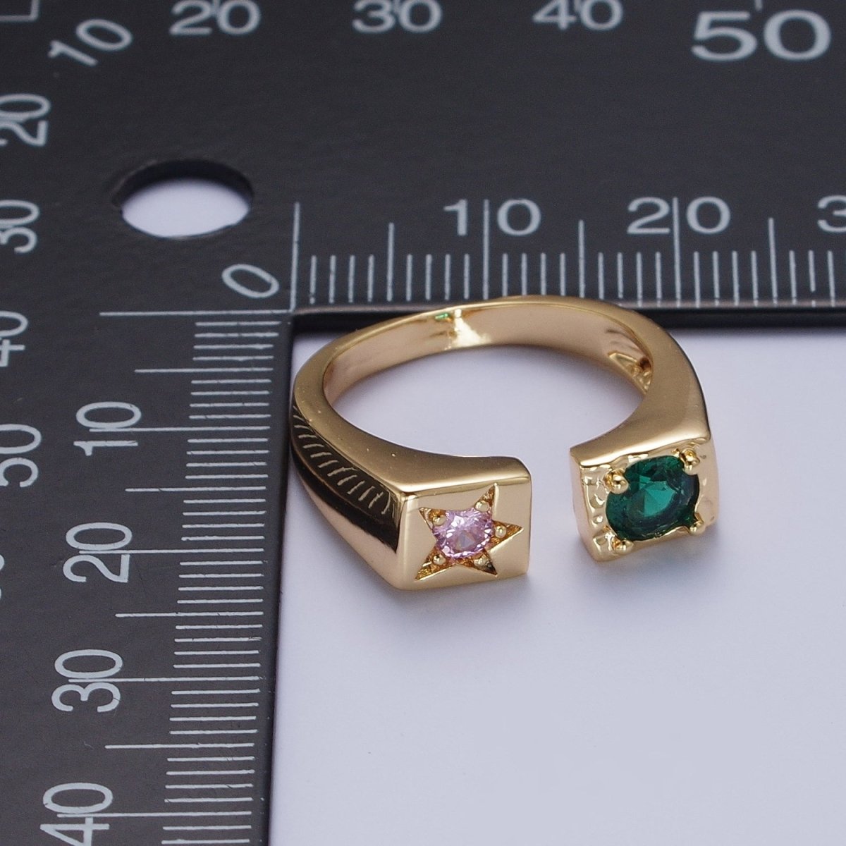 Starry Pink & Green Open Adjustable Gold Ring with Round Stone Cubic Zirconia | X-617 - DLUXCA