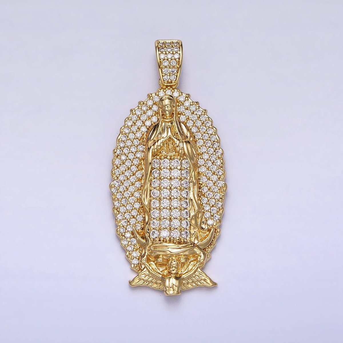 Statement 14K Gold Filled Lady Guadalupe Oval Pendant Gold Virgin Mary Charm Micro Pave Religious Jewelry AA-300 - DLUXCA