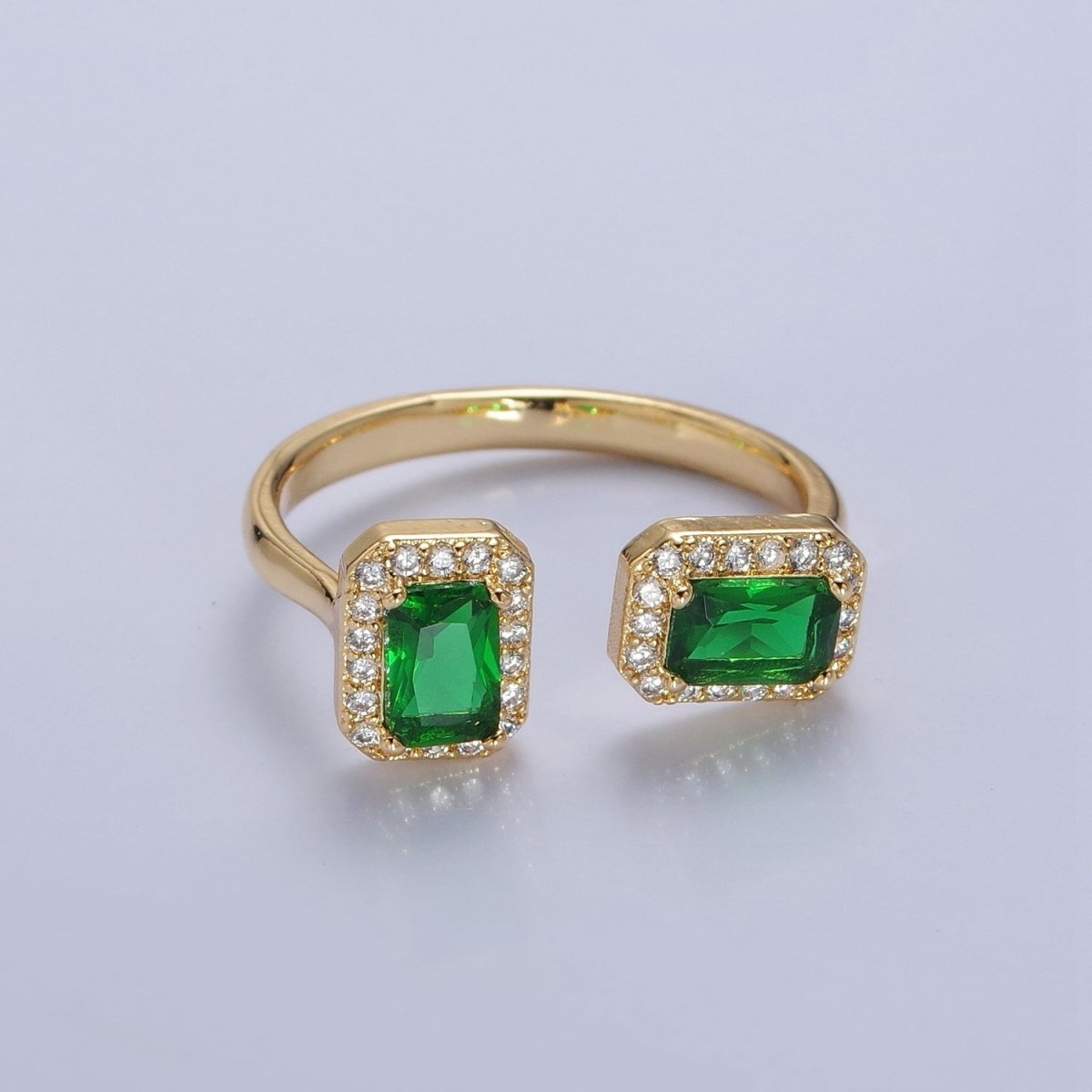 Statement Gold Emerald Cut Green CZ Ring Open Adjustable O-2183 - DLUXCA