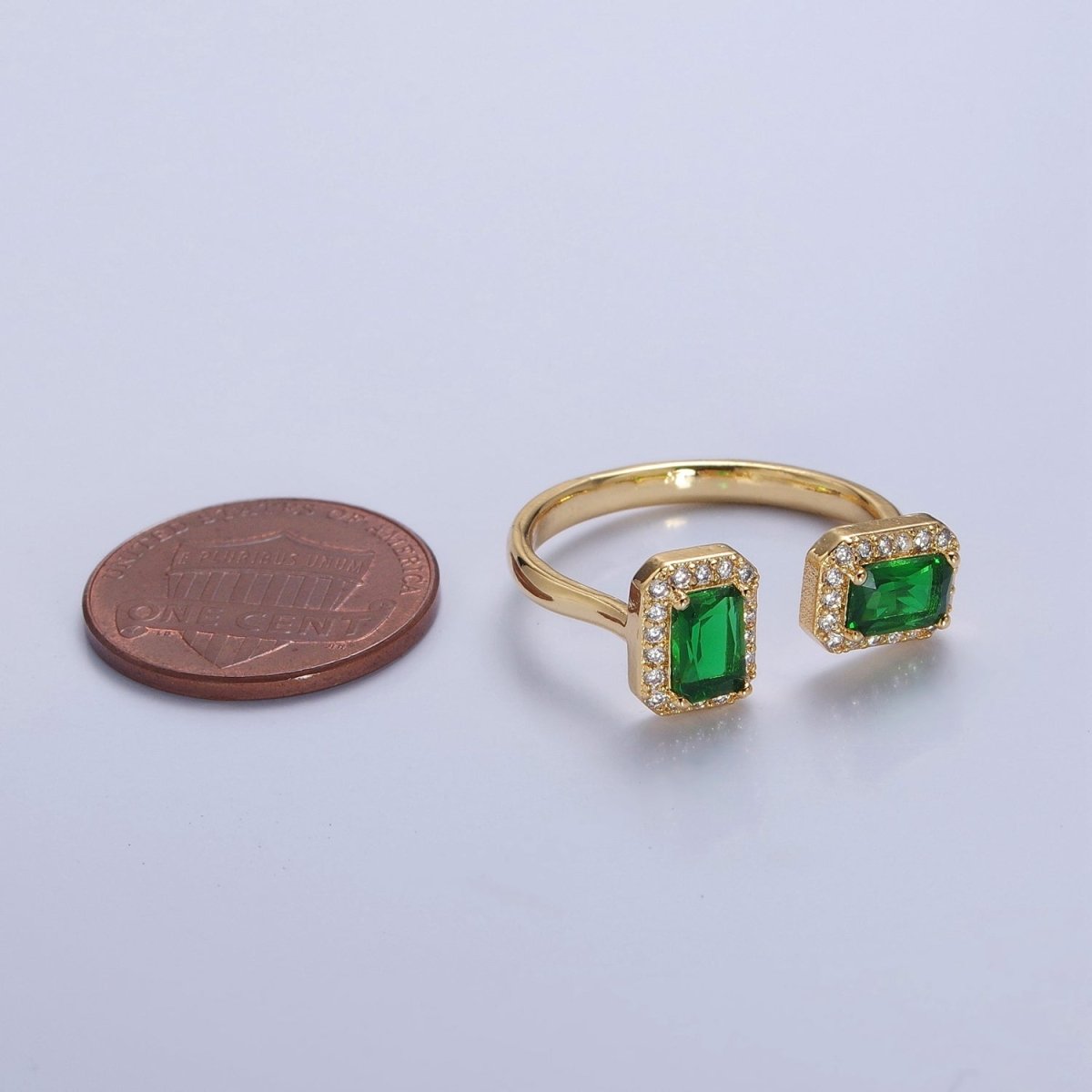 Statement Gold Emerald Cut Green CZ Ring Open Adjustable O-2183 - DLUXCA